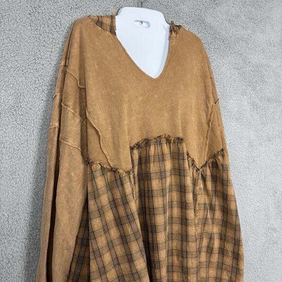 J. HER Mineral Wash Plaid and Raw Hoodie Top sz Medium Raw Out seam Lagenglook - Picture 2 of 12